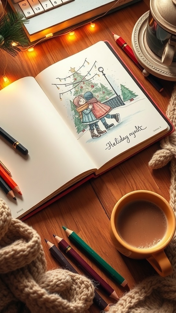 A drawing of a couple ice skating under Christmas lights on a sketchbook with colored pencils and hot cocoa.